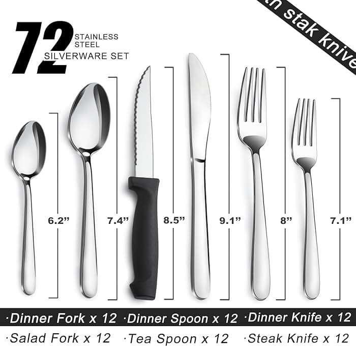 Pleafind 72-Pieces Silverware Set for 12, Flatware Set with Steak Knives, Stainless Steel Cutlery Set, Include Forks Spoons and Knives Set, Dishwasher Safe Utensil Sets for Home Restaurant - Image 3