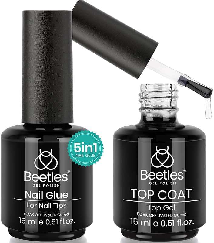 Beetles Gel Nail Glue and No Wipe Top Coat Kit, 2Pcs 15ml 9 in 1 UV Nail Glue for Acrylic Nail Tips Clear Press On Nails, Easy Nail Extension Gel, Soak Off LED Shine Finish DIY Home Manicure - Image 1
