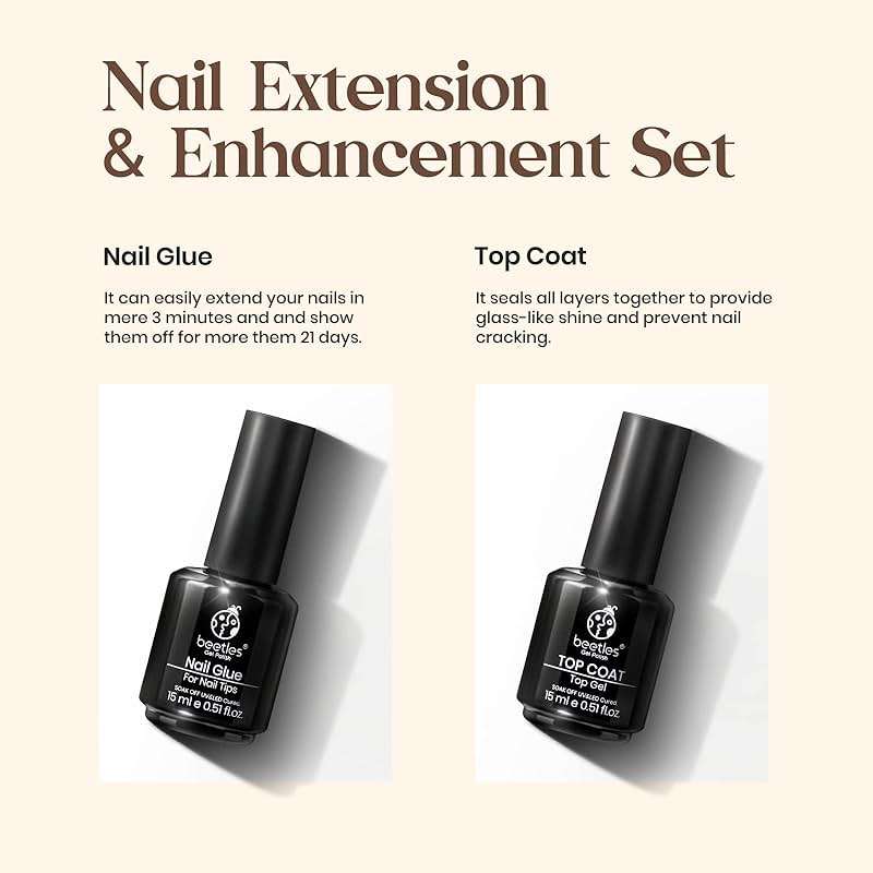 Beetles Gel Nail Glue and No Wipe Top Coat Kit, 2Pcs 15ml 9 in 1 UV Nail Glue for Acrylic Nail Tips Clear Press On Nails, Easy Nail Extension Gel, Soak Off LED Shine Finish DIY Home Manicure - Image 5