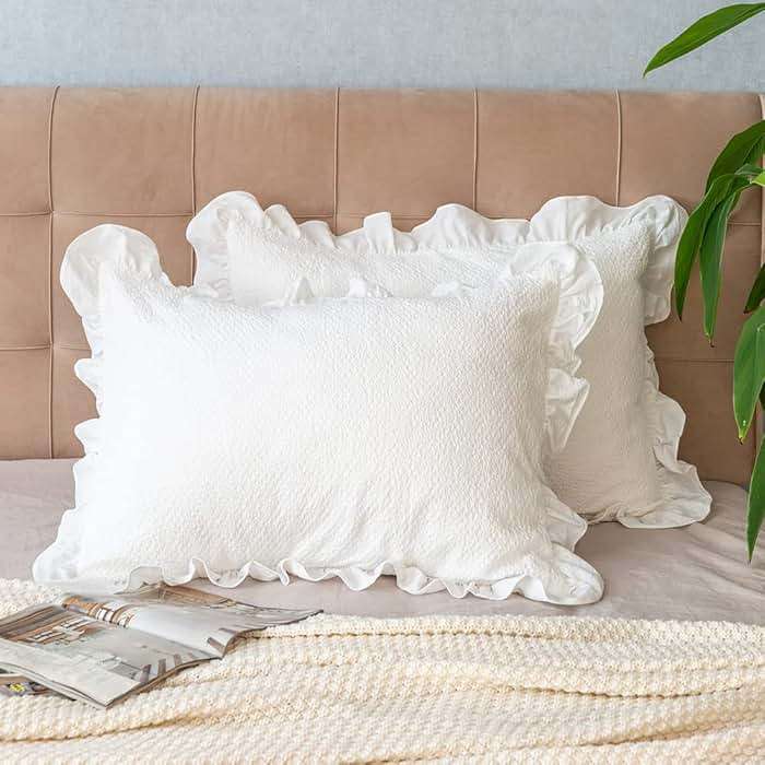 Pillow Shams Set of 2 Pure Cotton Champray Ruffled Edge,Thick and Solid Washed Dobby Heavy Fabric Standard 20x26 Inches - Image 1