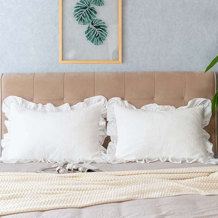 Pillow Shams Set of 2 Pure Cotton Champray Ruffled Edge,Thick and Solid Washed Dobby Heavy Fabric Standard 20x26 Inches - Image 4