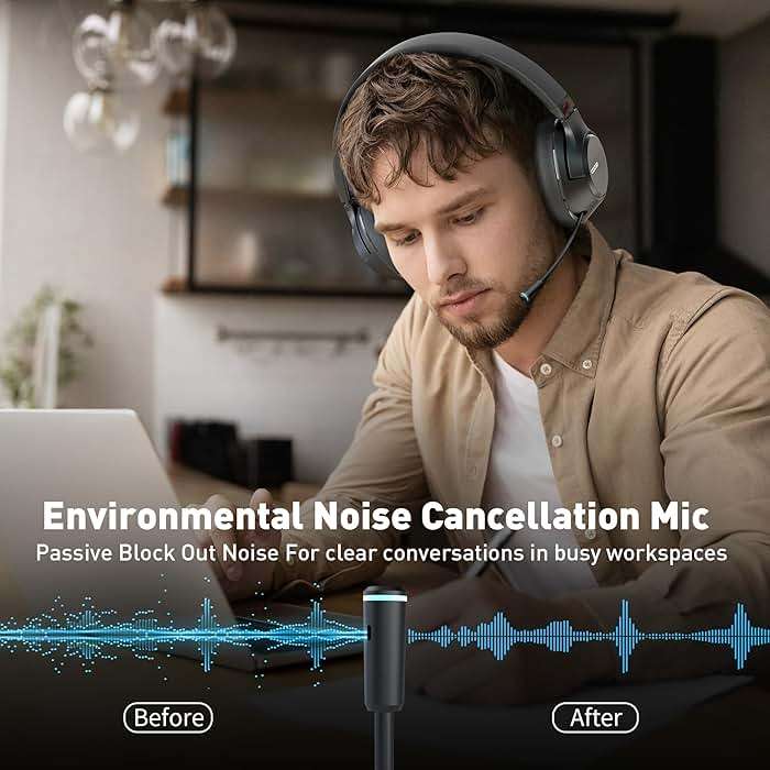 COOSII H300 Wireless Headphones with Microphone, Over Ear Bluetooth Headsets with USB Dongle & Mute, Environmental Noise Cancelling Retractable Mic for Work Office Call Center Laptop Computer (Black) - Image 2