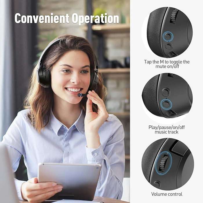 COOSII H300 Wireless Headphones with Microphone, Over Ear Bluetooth Headsets with USB Dongle & Mute, Environmental Noise Cancelling Retractable Mic for Work Office Call Center Laptop Computer (Black) - Image 6