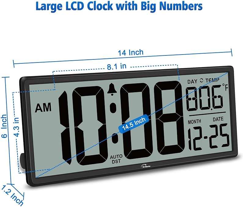 WallarGe 14.5'' Large Digital Wall Clock Battery Operated with Jumbo Numbers, Temperature and Date - Easy to Read and Set, Auto DST - Image 2