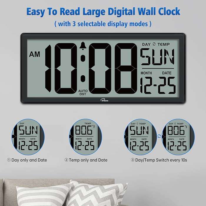 WallarGe 14.5'' Large Digital Wall Clock Battery Operated with Jumbo Numbers, Temperature and Date - Easy to Read and Set, Auto DST - Image 4