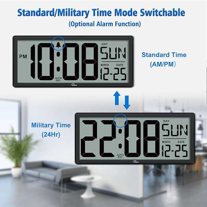 WallarGe 14.5'' Large Digital Wall Clock Battery Operated with Jumbo Numbers, Temperature and Date - Easy to Read and Set, Auto DST - Image 6