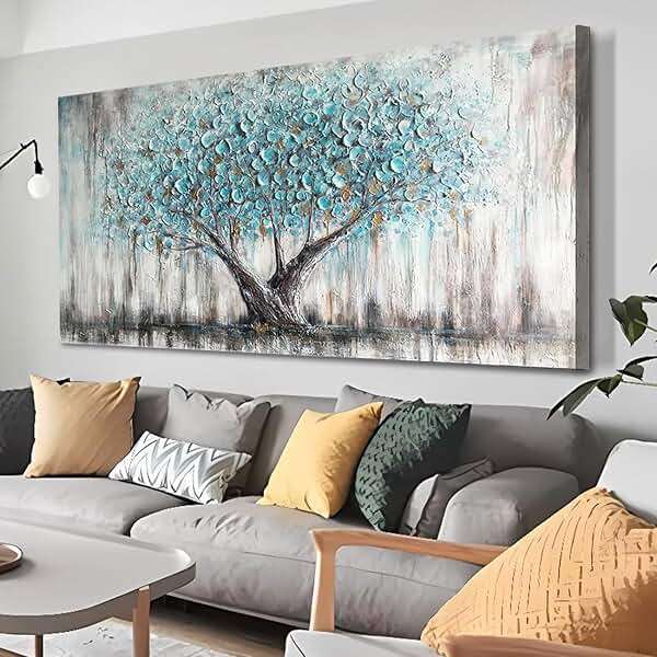 Arjun Tree of Life Wall Art Canvas for Living Room Blue Tree Nature Teal Painting, 50% Hand Painted Textured Picture Bedroom Panoramic Landscape Artwork Framed Home Office Decor 40"x20" - Image 1