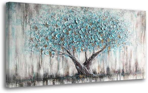 Arjun Tree of Life Wall Art Canvas for Living Room Blue Tree Nature Teal Painting, 50% Hand Painted Textured Picture Bedroom Panoramic Landscape Artwork Framed Home Office Decor 40"x20" - Image 2