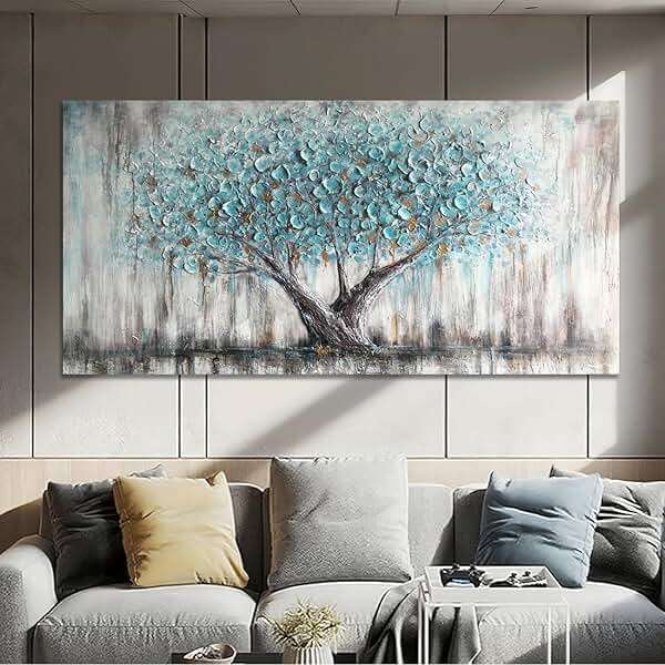 Arjun Tree of Life Wall Art Canvas for Living Room Blue Tree Nature Teal Painting, 50% Hand Painted Textured Picture Bedroom Panoramic Landscape Artwork Framed Home Office Decor 40"x20" - Image 3