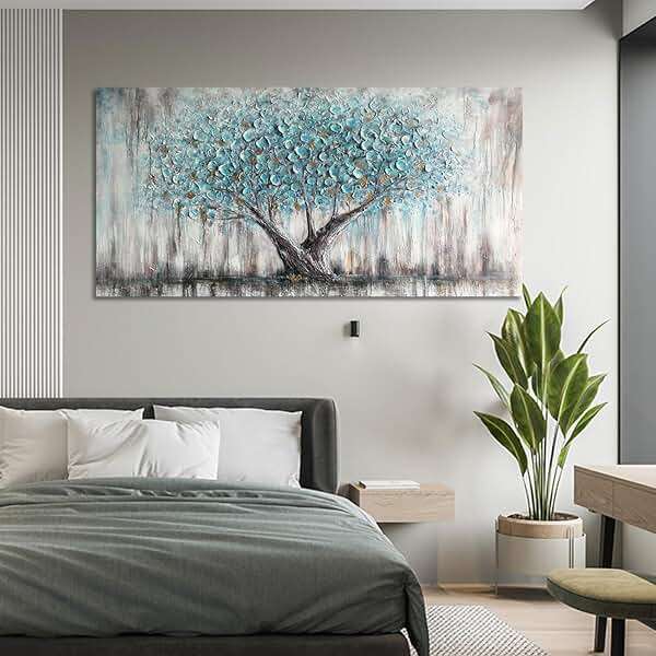 Arjun Tree of Life Wall Art Canvas for Living Room Blue Tree Nature Teal Painting, 50% Hand Painted Textured Picture Bedroom Panoramic Landscape Artwork Framed Home Office Decor 40"x20" - Image 4