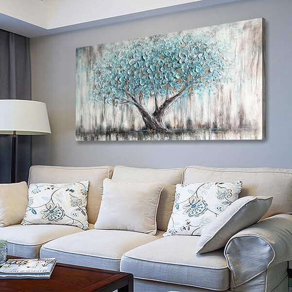 Arjun Tree of Life Wall Art Canvas for Living Room Blue Tree Nature Teal Painting, 50% Hand Painted Textured Picture Bedroom Panoramic Landscape Artwork Framed Home Office Decor 40"x20" - Image 5