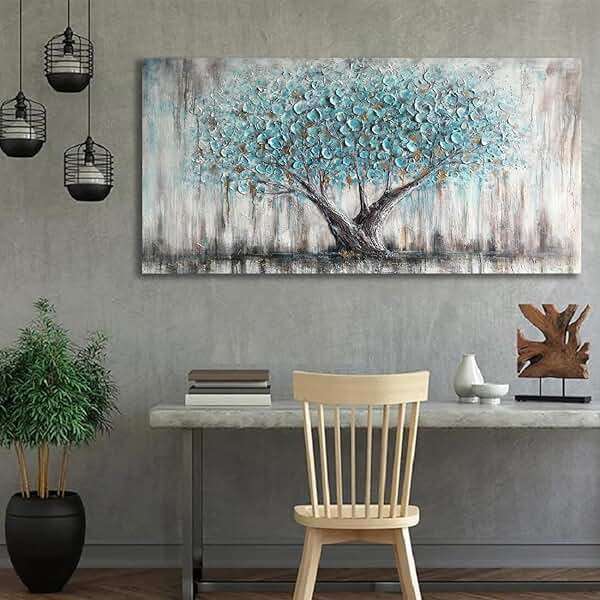 Arjun Tree of Life Wall Art Canvas for Living Room Blue Tree Nature Teal Painting, 50% Hand Painted Textured Picture Bedroom Panoramic Landscape Artwork Framed Home Office Decor 40"x20" - Image 6