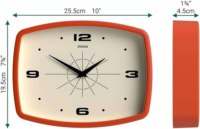 JONES CLOCKS® Movie wall Clock | Retro Rectangular Clock | 10 inch | Orange | Cool mid-Century Designer Look for Kitchen, Living Room or Office - Image 3
