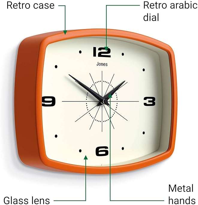 JONES CLOCKS® Movie wall Clock | Retro Rectangular Clock | 10 inch | Orange | Cool mid-Century Designer Look for Kitchen, Living Room or Office - Image 6