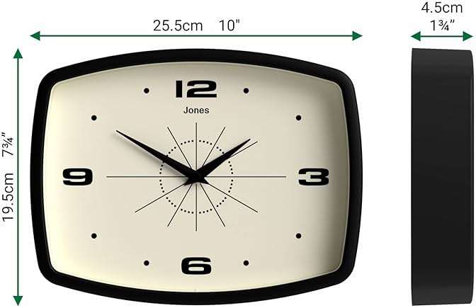 JONES CLOCKS® Movie wall Clock | Retro Rectangular Clock | 10 inch | Black | Cool mid-Century Designer Look for Kitchen, Living Room or Office - Image 3