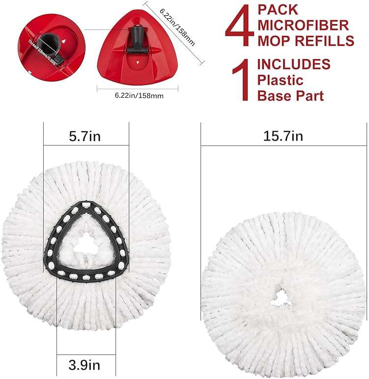 4 Pack Mop Replacement Heads Compatible with Ocedar Mops Replace Head EasyWring Spin Mop Heads Replacements - Includes 1 Rotating Mops Base, Microfiber Mop Refills, Easy Cleaning - Image 3
