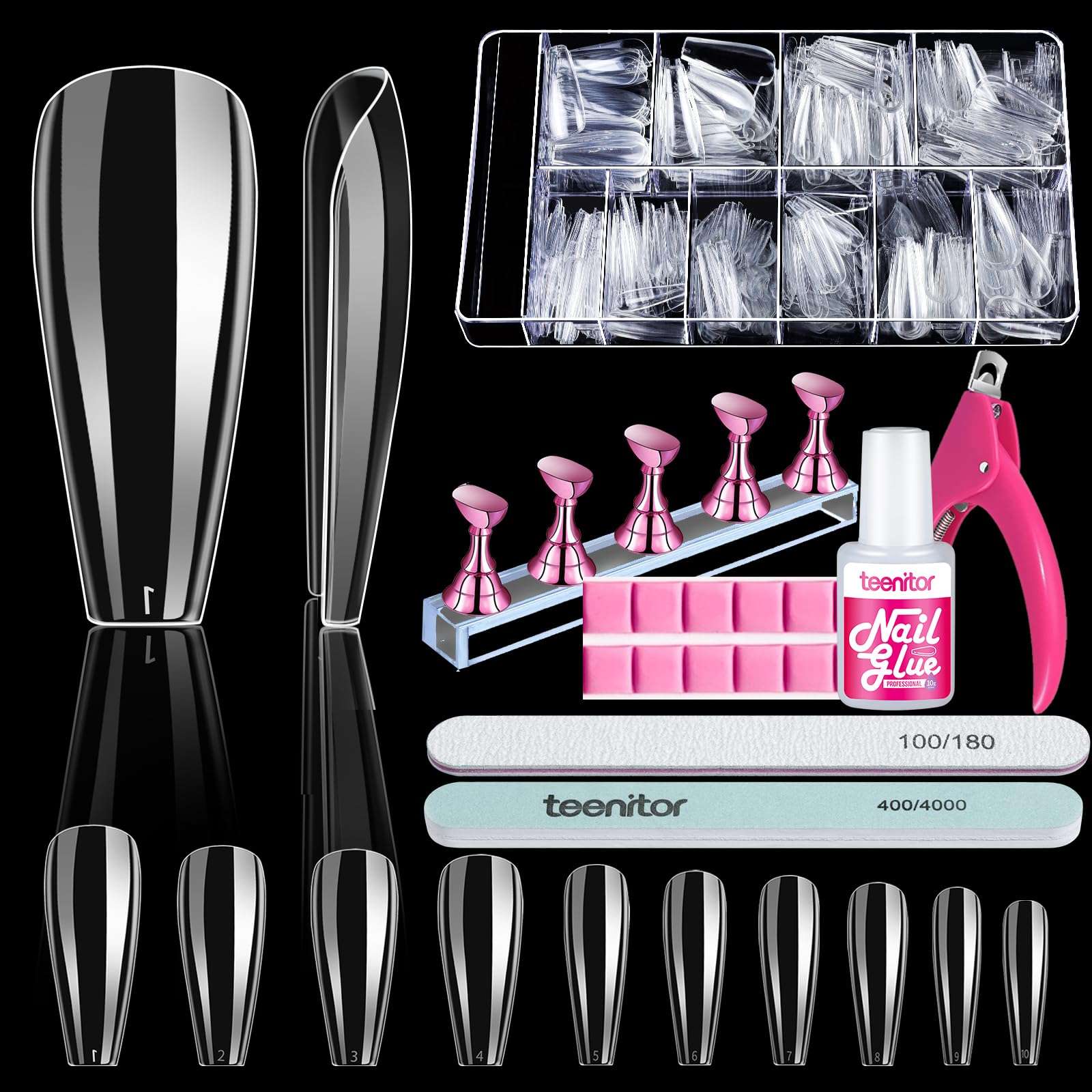 Teenitor 600 Pcs Clear Coffin Nail Tips, Acrylic Nail Kit, Clear Press On Nails, Long Fake Nails Coffin Nail Tips Full Cover, Acrylic Nail Clipper Nail Stand for Nail Extensions - Image 1