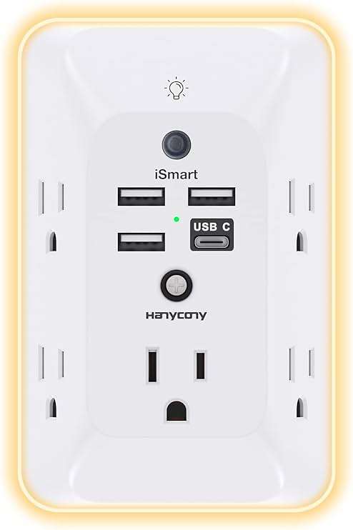 Outlet Extender with Night Light, HANYCONY Multi Plug Outlet, USB Wall Charger Surge Protector 4 USB Ports(1 USB C), Power Strip Electrical Outlet Splitter Expander for Home Office Dorm Room, ETL - Image 1