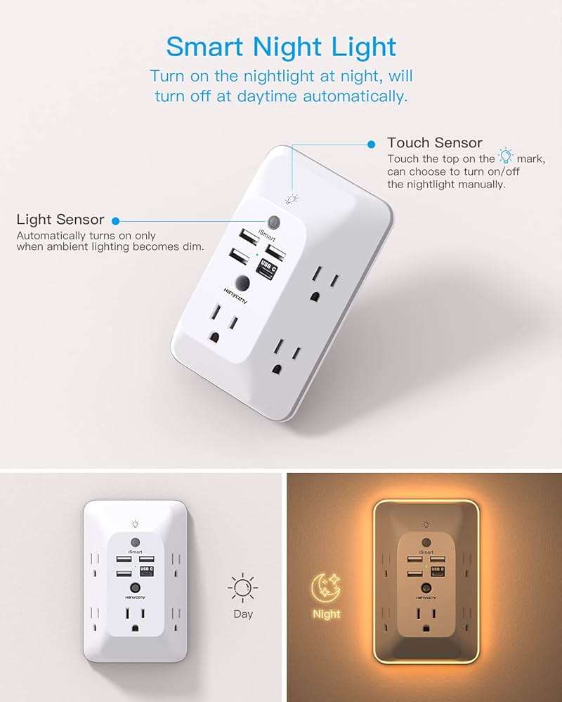 Outlet Extender with Night Light, HANYCONY Multi Plug Outlet, USB Wall Charger Surge Protector 4 USB Ports(1 USB C), Power Strip Electrical Outlet Splitter Expander for Home Office Dorm Room, ETL - Image 2