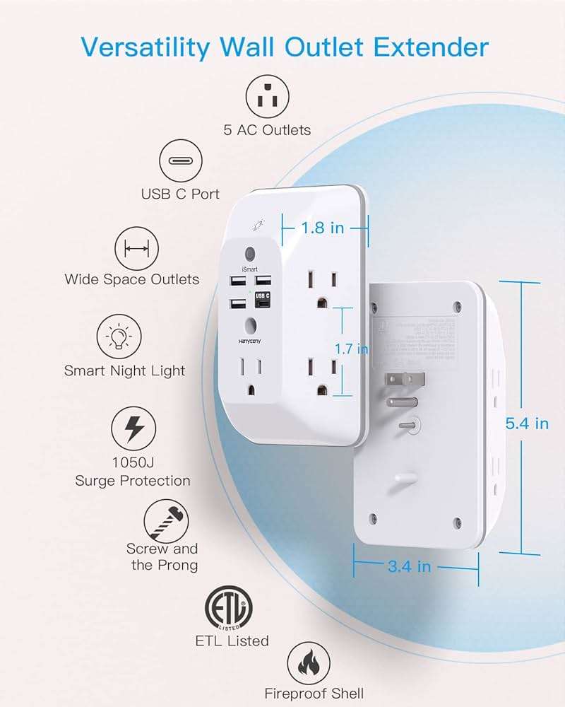 Outlet Extender with Night Light, HANYCONY Multi Plug Outlet, USB Wall Charger Surge Protector 4 USB Ports(1 USB C), Power Strip Electrical Outlet Splitter Expander for Home Office Dorm Room, ETL - Image 3