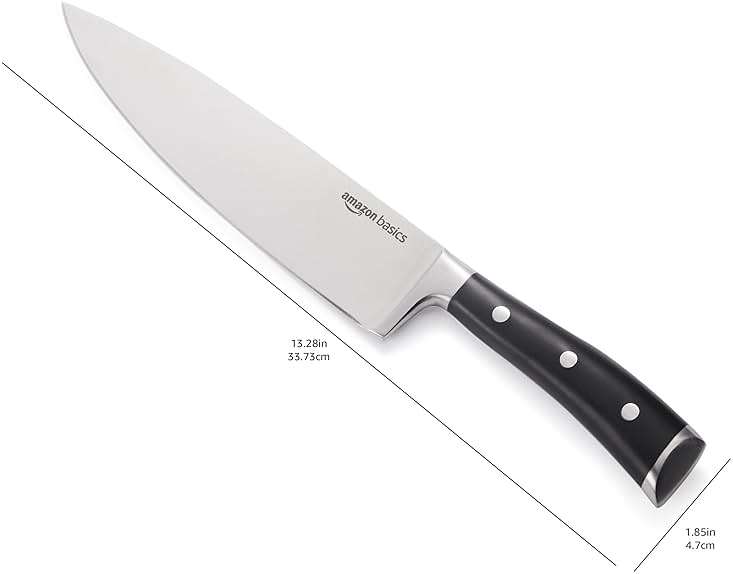 Amazon Basics Classic 8-inch Full Tang High Carbon Stainless Steel Chef's Knife, Multipurpose Kitchen Knife with Three Rivets, Silver - Image 2