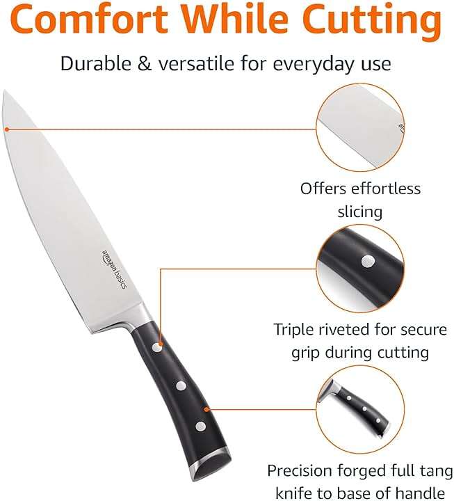 Amazon Basics Classic 8-inch Full Tang High Carbon Stainless Steel Chef's Knife, Multipurpose Kitchen Knife with Three Rivets, Silver - Image 3