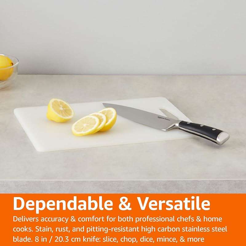 Amazon Basics Classic 8-inch Full Tang High Carbon Stainless Steel Chef's Knife, Multipurpose Kitchen Knife with Three Rivets, Silver - Image 6