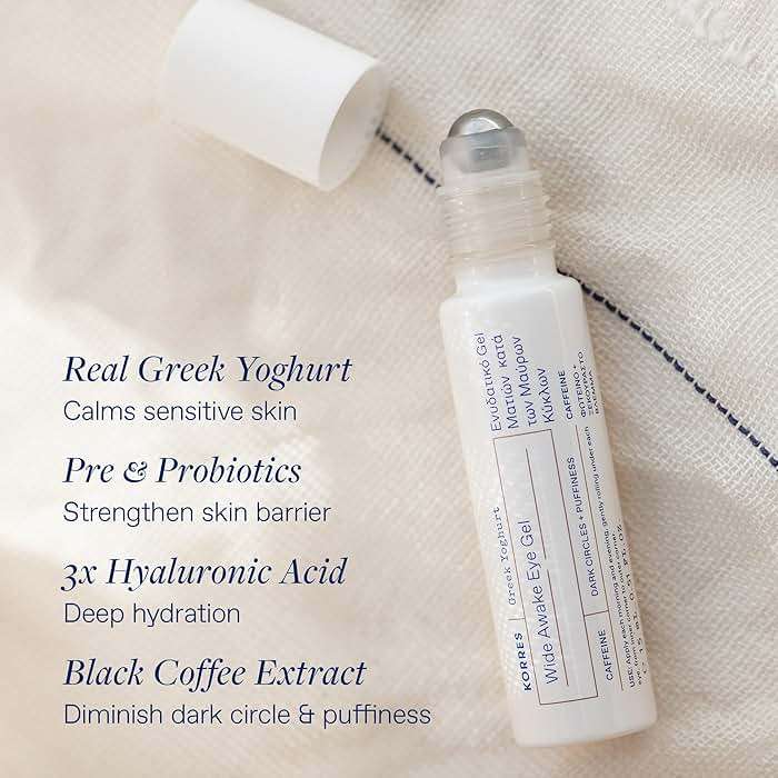 KORRES Greek Yoghurt Wide Awake Eye Gel Serum with Hyaluronic Acid & Caffeine for Dark Circles & Puffy Eyes, Roller Ball, Brightening & Hydrating, 0.51 fl oz - Image 3