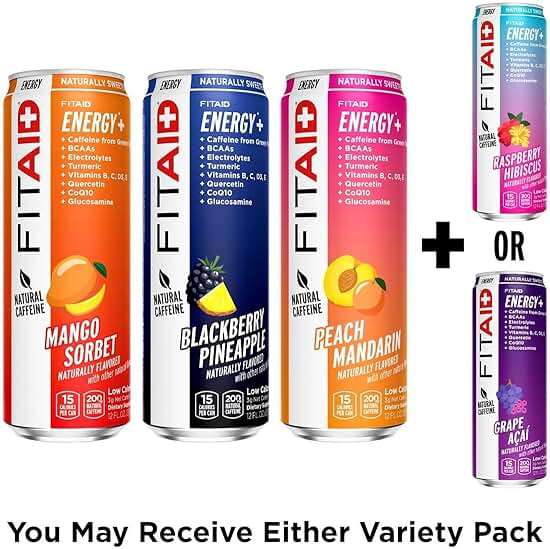 LIFEAID FITAID Energy, 200mg Natural Caffeine, Keto, Variety Pack, Optimum Performance Formula: BCAAs, Quercetin, Electrolytes, Omega-3s, 15 Calories, Paleo, Vegan & Gluten-Free, 12 Fl Oz (Pack of 12) - Image 3
