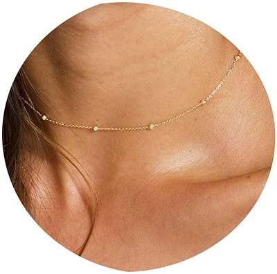Tewiky Gold Chain Necklace for Women, 14k Gold Plated Thin Beaded Wave Box Necklace Dainty Simple Layered Choker Minimalist Link Chain Necklace Trendy Jewelry for Women - Image 1
