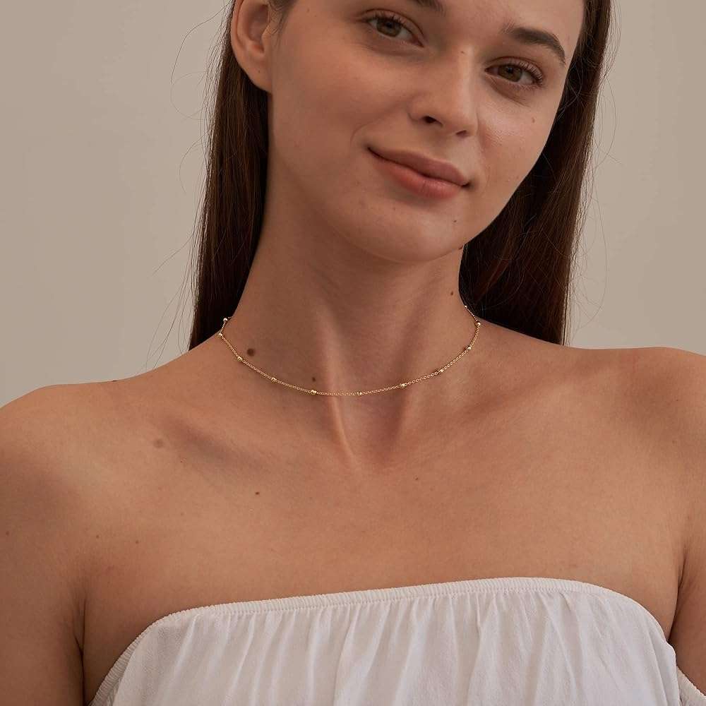 Tewiky Gold Chain Necklace for Women, 14k Gold Plated Thin Beaded Wave Box Necklace Dainty Simple Layered Choker Minimalist Link Chain Necklace Trendy Jewelry for Women - Image 3