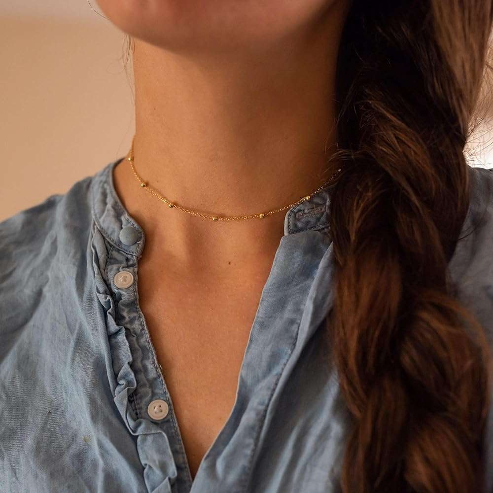 Tewiky Gold Chain Necklace for Women, 14k Gold Plated Thin Beaded Wave Box Necklace Dainty Simple Layered Choker Minimalist Link Chain Necklace Trendy Jewelry for Women - Image 4