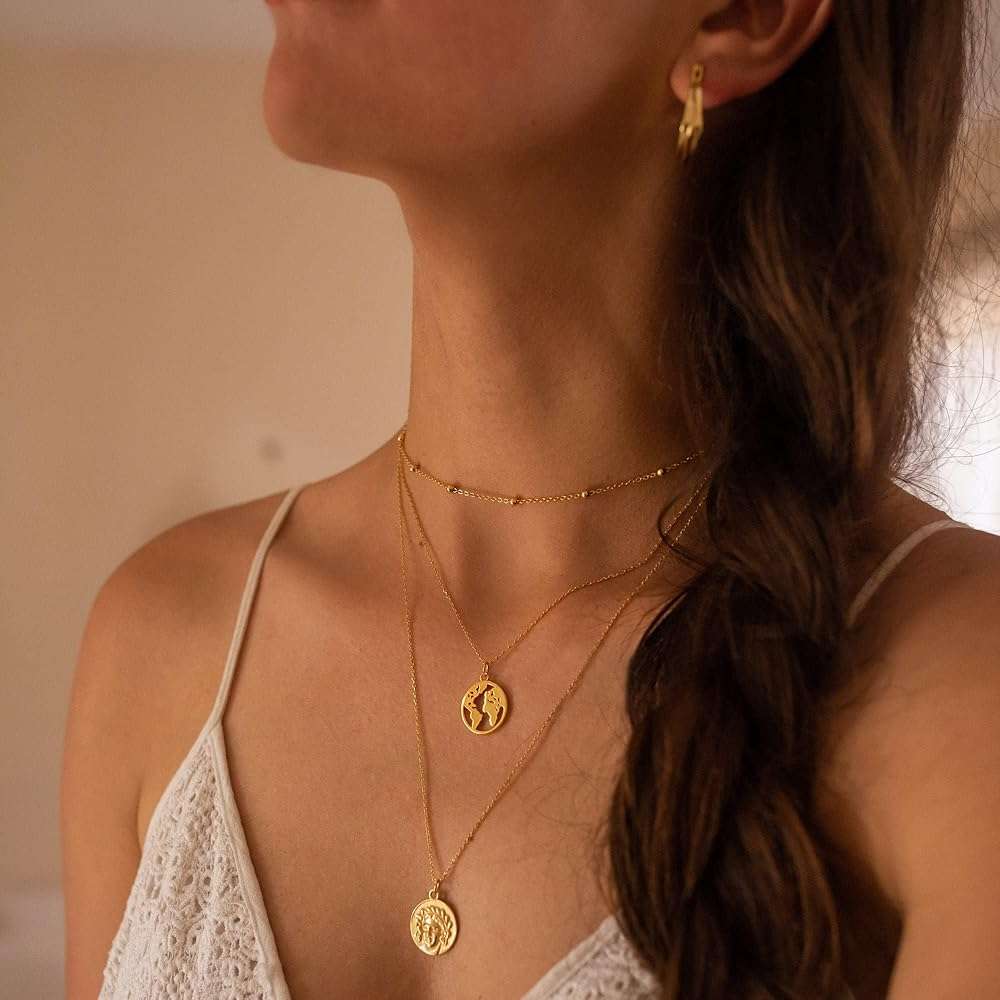 Tewiky Gold Chain Necklace for Women, 14k Gold Plated Thin Beaded Wave Box Necklace Dainty Simple Layered Choker Minimalist Link Chain Necklace Trendy Jewelry for Women - Image 8