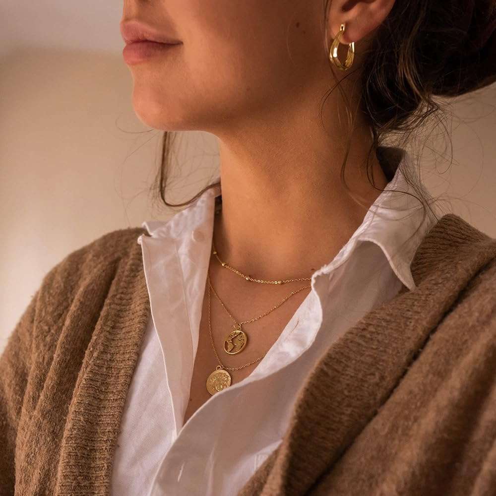 Tewiky Gold Chain Necklace for Women, 14k Gold Plated Thin Beaded Wave Box Necklace Dainty Simple Layered Choker Minimalist Link Chain Necklace Trendy Jewelry for Women - Image 9