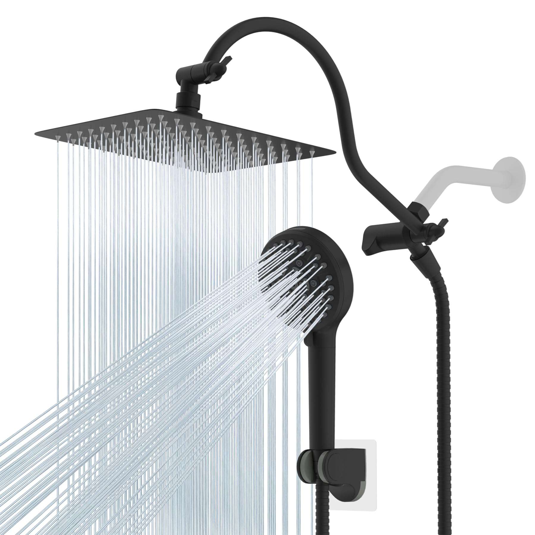 Hibbent All Metal High Pressure Rainfall 10'' Shower Head, CUPC Certified Handheld Showerhead Combo, 12'' Adjustable Shower Extension Arm, 10-Spray, 71'' Hose, Adhesive Showerhead Holder, Matte Black - Image 1