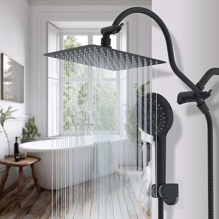 Hibbent All Metal High Pressure Rainfall 10'' Shower Head, CUPC Certified Handheld Showerhead Combo, 12'' Adjustable Shower Extension Arm, 10-Spray, 71'' Hose, Adhesive Showerhead Holder, Matte Black - Image 2