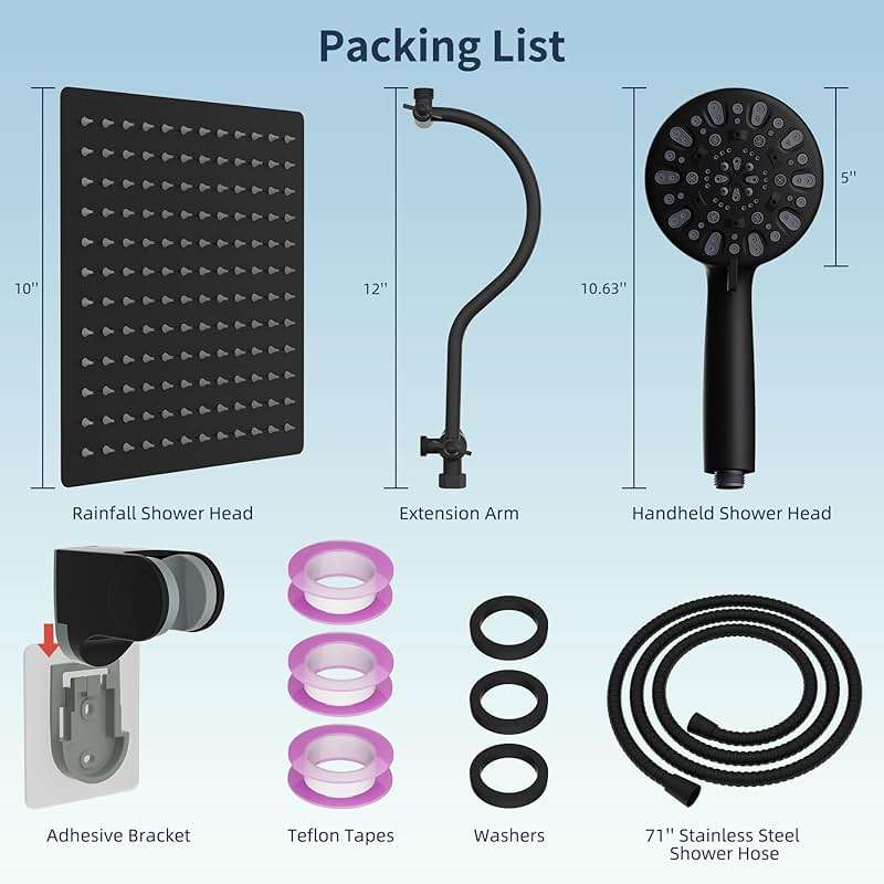 Hibbent All Metal High Pressure Rainfall 10'' Shower Head, CUPC Certified Handheld Showerhead Combo, 12'' Adjustable Shower Extension Arm, 10-Spray, 71'' Hose, Adhesive Showerhead Holder, Matte Black - Image 3