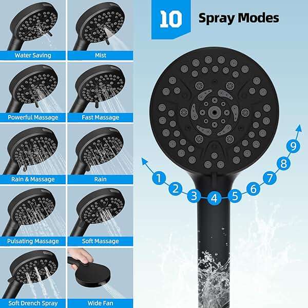 Hibbent All Metal High Pressure Rainfall 10'' Shower Head, CUPC Certified Handheld Showerhead Combo, 12'' Adjustable Shower Extension Arm, 10-Spray, 71'' Hose, Adhesive Showerhead Holder, Matte Black - Image 7