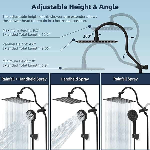 Hibbent All Metal High Pressure Rainfall 10'' Shower Head, CUPC Certified Handheld Showerhead Combo, 12'' Adjustable Shower Extension Arm, 10-Spray, 71'' Hose, Adhesive Showerhead Holder, Matte Black - Image 8