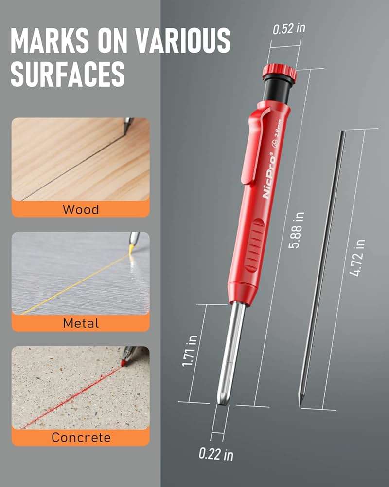 Nicpro Carpenter Pencil with Sharpener, Mechanical Pencils Set with 26 Refills, Deep Hole Marker for Construction, Heavy Duty Woodworking Tools for Architect (Black, Red) - With Case - Image 2