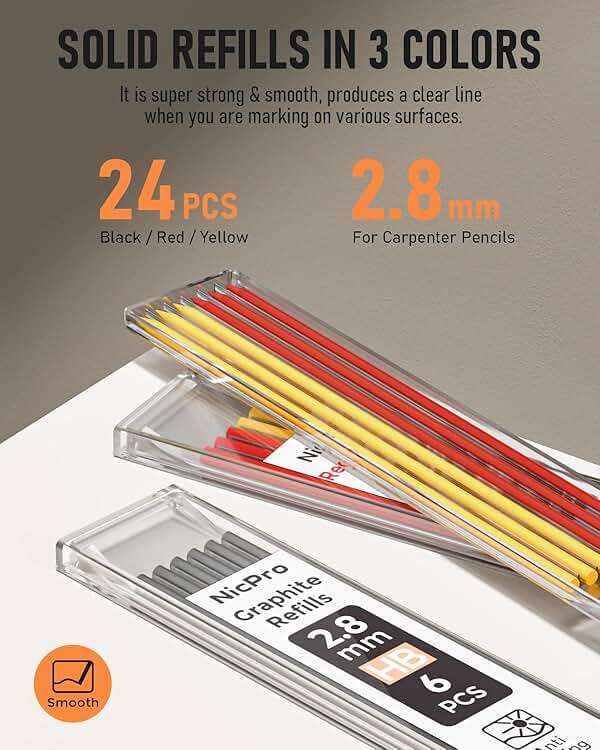 Nicpro Carpenter Pencil with Sharpener, Mechanical Pencils Set with 26 Refills, Deep Hole Marker for Construction, Heavy Duty Woodworking Tools for Architect (Black, Red) - With Case - Image 5