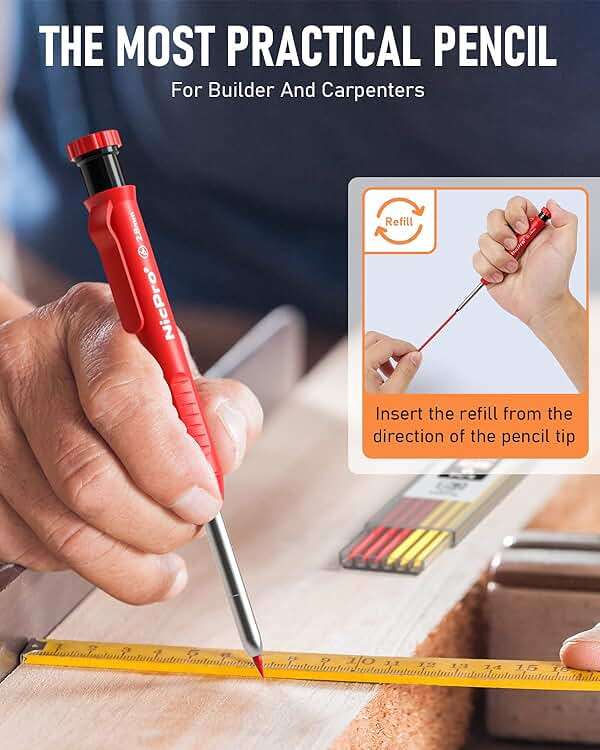 Nicpro Carpenter Pencil with Sharpener, Mechanical Pencils Set with 26 Refills, Deep Hole Marker for Construction, Heavy Duty Woodworking Tools for Architect (Black, Red) - With Case - Image 6
