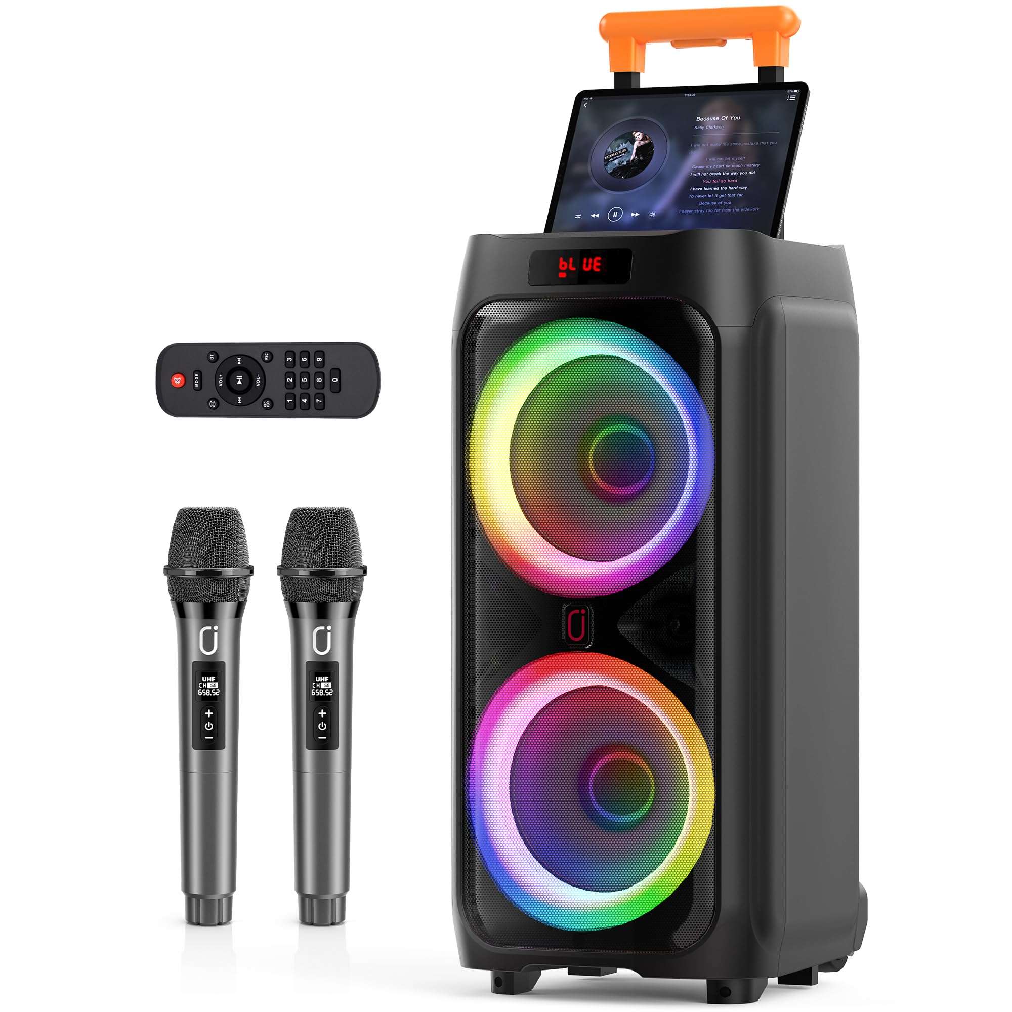 JYX Karaoke Machine with 2 Wireless Microphones, 24" Big Portable Bluetooth Speaker for Adults with RGB Light PA System Treble & Bass 500W, Support TWS/USB/AUX/TF Card/REC, for Home Party Outdoors - Image 1
