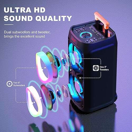 JYX Karaoke Machine with 2 Wireless Microphones, 24" Big Portable Bluetooth Speaker for Adults with RGB Light PA System Treble & Bass 500W, Support TWS/USB/AUX/TF Card/REC, for Home Party Outdoors - Image 4