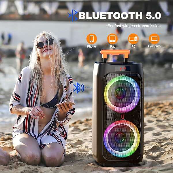 JYX Karaoke Machine with 2 Wireless Microphones, 24" Big Portable Bluetooth Speaker for Adults with RGB Light PA System Treble & Bass 500W, Support TWS/USB/AUX/TF Card/REC, for Home Party Outdoors - Image 7