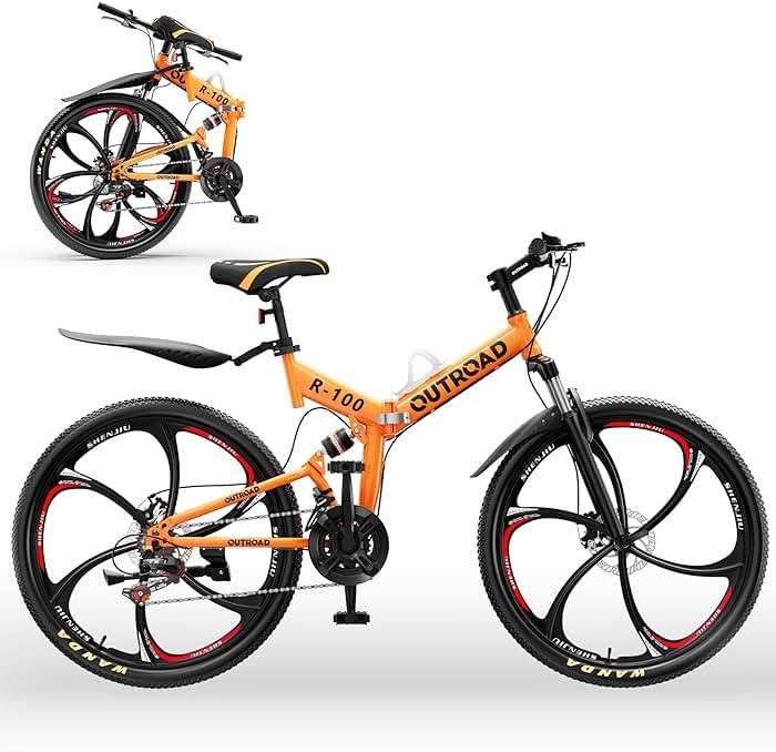 Outroad 26 Inch Folding Mountain Bike, 21 Speed Full Suspension High-Carbon Steel MTB Foldable Bicycle, Dual Disc Brake Non-Slip Folding Bikes for Adults/Men/Women, Black, Orange and Green - Image 1