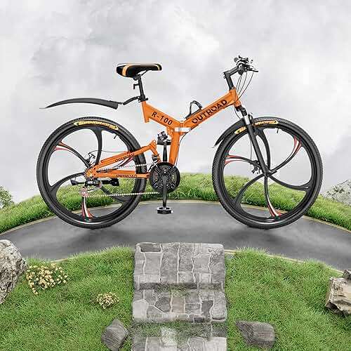 Outroad 26 Inch Folding Mountain Bike, 21 Speed Full Suspension High-Carbon Steel MTB Foldable Bicycle, Dual Disc Brake Non-Slip Folding Bikes for Adults/Men/Women, Black, Orange and Green - Image 2
