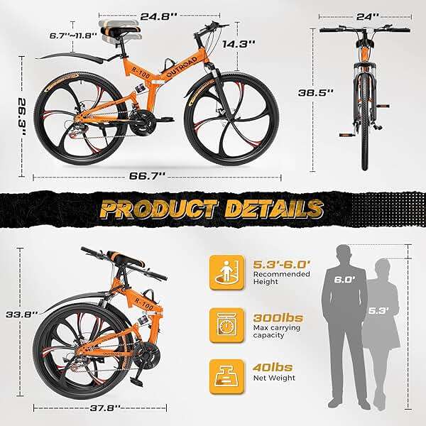 Outroad 26 Inch Folding Mountain Bike, 21 Speed Full Suspension High-Carbon Steel MTB Foldable Bicycle, Dual Disc Brake Non-Slip Folding Bikes for Adults/Men/Women, Black, Orange and Green - Image 3