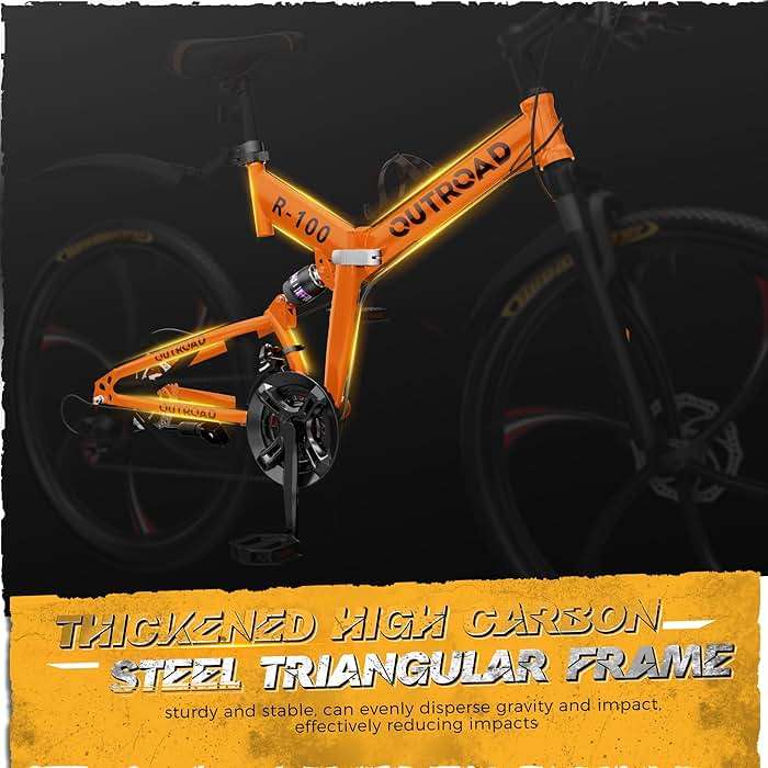 Outroad 26 Inch Folding Mountain Bike, 21 Speed Full Suspension High-Carbon Steel MTB Foldable Bicycle, Dual Disc Brake Non-Slip Folding Bikes for Adults/Men/Women, Black, Orange and Green - Image 8