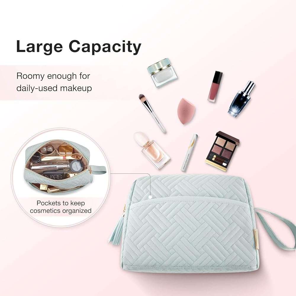 BAGSMART Makeup Bag, Cosmetic Bag for Purse,Travel Make Up Pouch,Water-resistant Toiletry Bag Elegant Roomy, Makeup Accessories Organizer, Light Blue - Image 4
